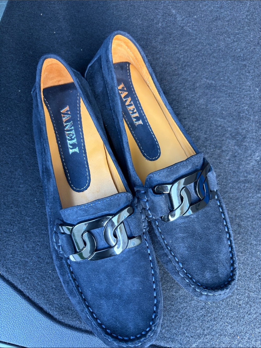 Vaneli Navy Suede Loafers with Polished Chain-Link Accent